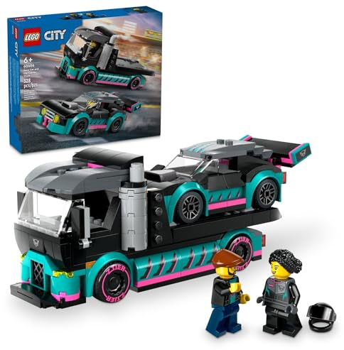 LEGO City Race Car and Car Carrier Truck Toy Playset, Vehicle Transporter with Adjustable Loading Ramp and Race Car Toy, Racer and Driver Minifigures, Fun Gift for Kids Ages 6 and Up, 60406