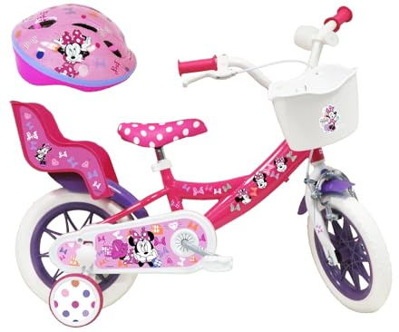 Vélo Enfant 12' Minnie de Disney équipé de 1 Frein, Panier Avant, Porte poupée arrière, Garde boues + Casque Inclus !, Rose