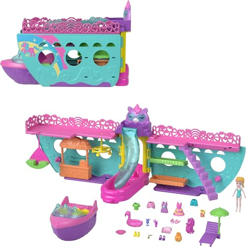 Polly Pocket Tragbares Boot-Spielset mit Wasserspiel und Farbwechsel-Zubehör, Einhorn-Traumkreuzfahrt enthält 1 Puppe und insgesamt 23 Teile