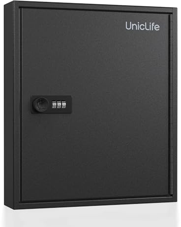 Uniclife Schlüsselschrank mit 60 Schlüsseln und Kombinationsschloss, an der Wand befestigter Schlüssel-Organizer mit Code, Schwarze Digitale Sicherheitsbox mit weißen Schlüsselanhängern