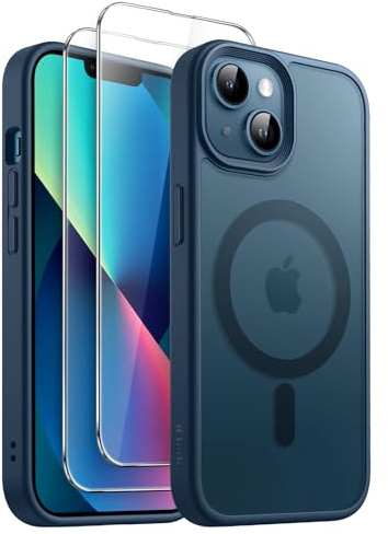 JETech 3-in-1 Matte Magnetische Hülle für iPhone 13 mini, Sturmblau | Kompatibel mit MagSafe, 2 Gehärtete Glas Schutzfolien, Matte Transluzent Rückseite, Stoßschutz