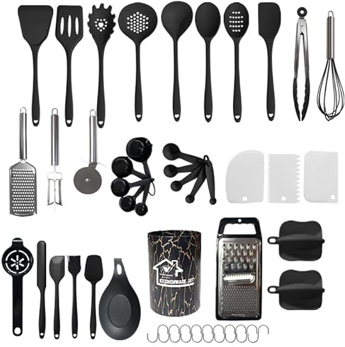 18 Piezas Utensilios Cocina de Silicona, Resistente al Calor Antiadherente,Juego de Utensilios de Cocina de Silicona,Apto para lavavajillas,Accesorios cocina,Juego de cubiertos con cubo(Negro)