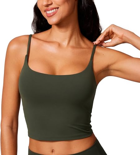 CRZ YOGA Butterlift Womens Scoop Neck Longline Sports BH - U Back Justerbara remmar Workout Crop Linne med inbyggd BH Olivgrön S