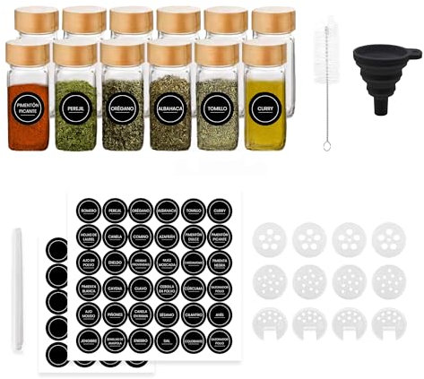 Genérico Botes Especias Cristal con Tapa de Bambu 12pcs, Frascos para Cocina, Tarros Especias Cristal 120mL, Especiero con 36 etiquetas en ESPAÑOL, Frascos Herméticos con Bolígrafo, Embudo y Cepillo