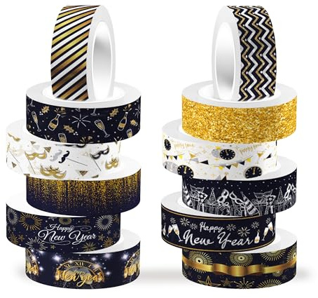 CC HOME Neujahr Washi Tape Set 12 Rollen Washi Band,15mm Decoration Washi Tape,2026 Neues Jahr Masking Tape Dekorative Papier Aufkleber zum Verpacken von Geschenken,DIY Kunst Handwerk