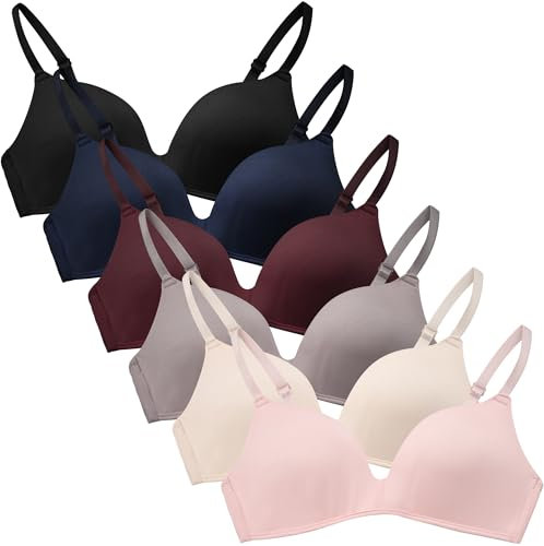 FEOYA Big Girls No Wires Cotton Developed Training Bras Slim Soft Cup Wireless Lightly Lined Foam Bra Pack of 6 Soft Padded Bra