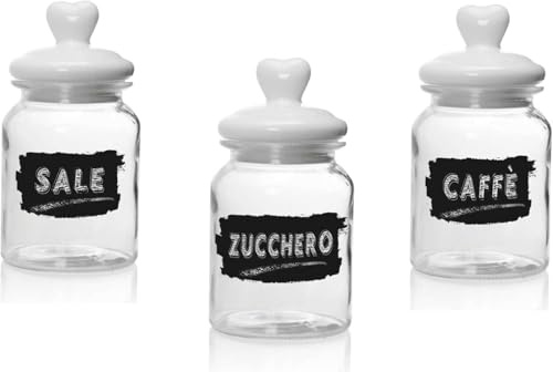 MA MAISON Tris Barattoli in Vetro con Tappo in Ceramica a Cuore - Capienza da 1000 ml 11x21 cm Perfetti per Conservare Sale Zucchero e Caffè - Eleganti e Funzionali per la Tua Cucina