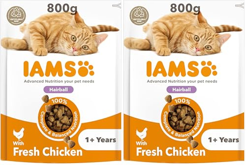 IAMS Hairball Complete Dry Cat Food for Adult and Senior Cats with Chicken 800 g (Pack of 2)