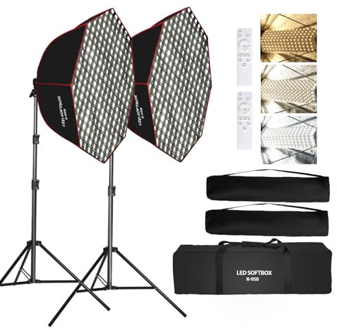 GSKAIWEN Kit de Softbox Eclairage Parabolic Octogonal 110W, Softbox 95cm avec Grille Alvéolaire/Télécommande/Support pour Lumière de Studio, Enregistrement Vidéo, Photographie de Portraits, en Direct