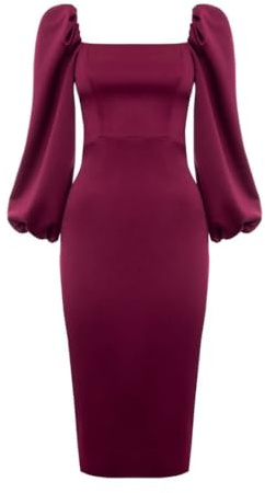 Swing Fashion Kastanienbraunes Bleistift-Midikleid aus Satin von Giselle mit Puffärmeln und einem Mock-Ausschnitt | Größe 36