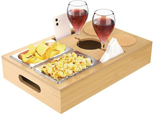 WELDUN 2 in 1 Couchbar Bambus Snackbox Sofatablett mit 2 Edelstahl Snackschale, 2 Untersetzer, Getränkehalter Flaschenhalter, Serviertablett für Wohnzimmer Sofa Party, Geschenk