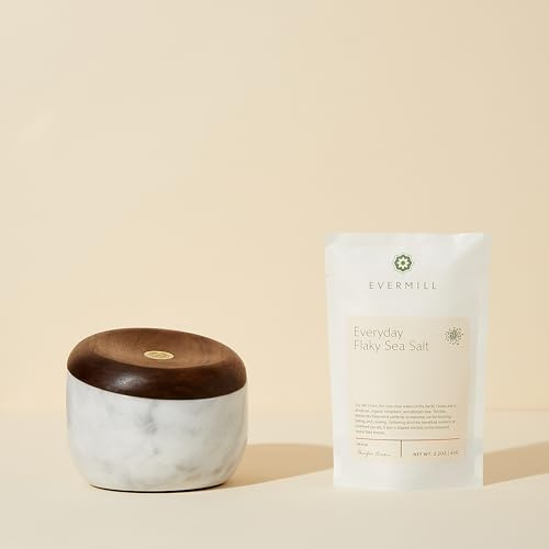 Evermill Premium Salt Well with Magnetic Lid, Carrara Marble Body with Walnut Lid, Kitchen Salt Cellar, 2.2 oz Sea Salt Included (Marble with Walnut)