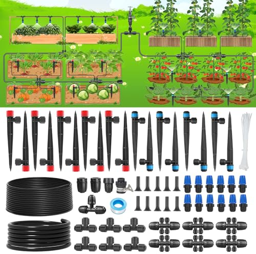Yewhick Tropfbewässerungs-Set für Garten, Gewächshaus und Rasen, verbessertes 1/2 Zoll & 1/4 Zoll Rohr mit verstellbaren Tropfern, Nebeln und Sprinklern, automatisches DIY-Bewässerungssystem für