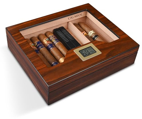 Volenx Cigar Humidor Brown 30-35 for Cuban Cigars Desktop Cedar Wood Lined Humidor Cigar Box with Electronic Hygrometer and 2 PCS Humidifier