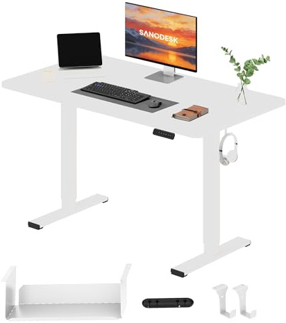 SANODESK Höhenverstellbarer Schreibtisch elektrisch 120x60 cm | mit einteiliger Tischplatte, kompakter Bürotisch für Homeoffice, ergonomischer Sitz-Steh-Schreibtisch mit Arbeitsfläche Weiß