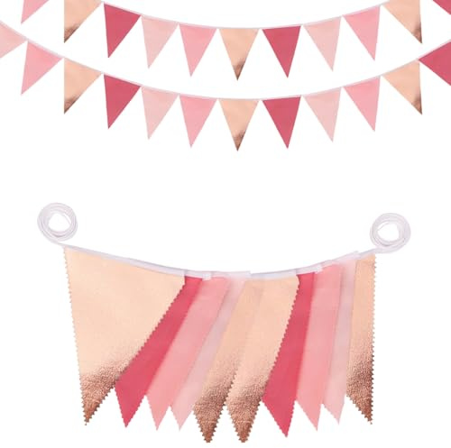 32Ft Dusty Blush Pink Rose Gold Bunting Banner Party Decorations Fabric Triangle Flag Pennant Garland Streamer for Birthday Wedding Bridal Shower Anniversary Outdoor Garden Hanging Decorations