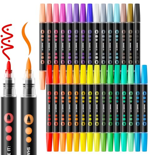 SUNEE Acrylstifte Set, 30 Farben Dual Tip Acrylic Marker Stifte mit Bullet und Pinselspitze, Acrylmarker für Erwachsene