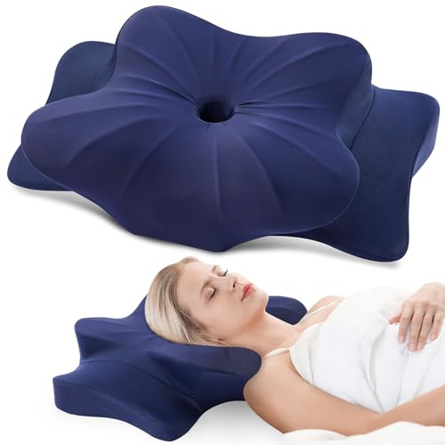 DONAMA Oreiller Ergonomique Cervical pour Les Dormeurs sur Le Côté, Le Dos Et Le Ventre, Oreiller Memoire Forme pour Le Cou et Les Épaules, avec Taie d'oreiller (Bleu Foncé, 63x38x14 cm)