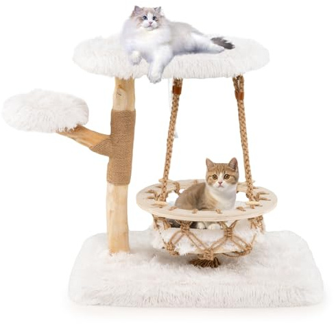 COSTWAY Árbol Rascador para Gatos Moderno con Marco de Madera Peral | 66 cm Torre para Gatitos con Cuna Colgante, Plataforma Acolchada, Cojín de Peluche Suave, Poste de Yute, Blanco