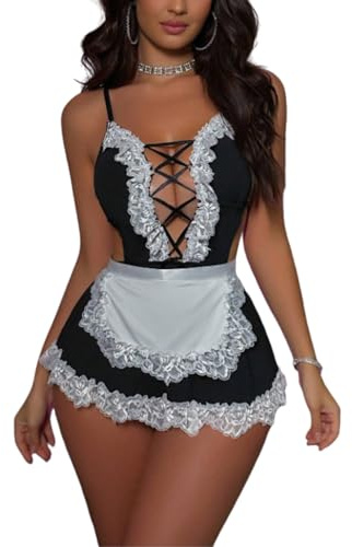 Gatamiau Women's Sexy Cosplay Lingerie French Maid Costume Lace Trim Cut Out Deep V Mini Dress Backless Lace up Babydoll Cosplay Halloween Roleplay Nightwear Fancy Servant Apron Dress