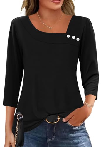 Kistore Women's Clothing Spring Elbow Length T Shirts Summer 3/4 Sleeve Top Square Neck Tunic Tshirts Ladies Elegant Business Blouses Black M