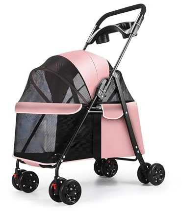 Haustier-Kinderwagen mit 4 Rädern, für kleine, mittelgroße Hunde, Katzen unter 10 kg, faltbarer Hundewagen, Reise-Kinderwagen, Jogger mit Getränkehalter und Aufbewahrungskorb-Netz (Rosa)