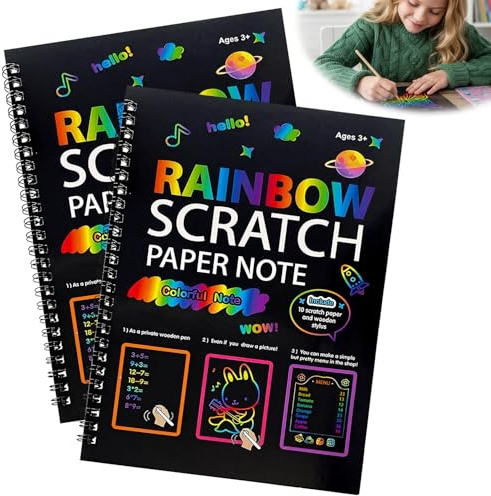 VLYX Regenbogen Kratzbild-Kit für Kinder von 5 bis 12 Jahren - 2 Papierbücher, 2 Holzgriffel, 2 Vorlagenschablonen, Bastelmaterialien und Geschenkset