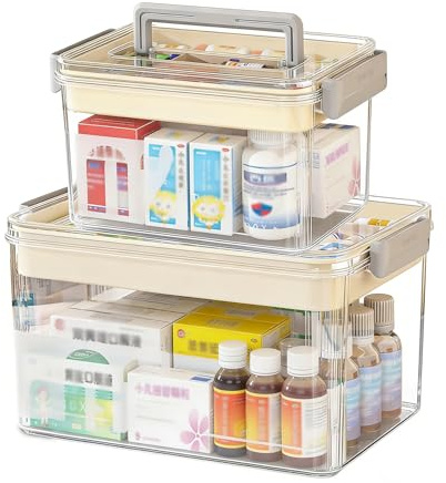 Lot de 2 boîtes à médicaments avec poignée, rangement de médicaments transparents à 2 étages en plastique, grande boîte à pharmacie pour comprimés, pommades et matériel de pansement pour la maison et