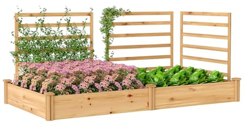 Outsunny Hochbeet mit Rankgitter Holz Blumenkasten mit 3 Spalier Trennwand Offenem Boden, Pflanzkasten Pflanzkübel Blumenkübel Rankkasten für Kletterpflanzen Garten Balkon 240 x 125 x 102 cm Naturholz