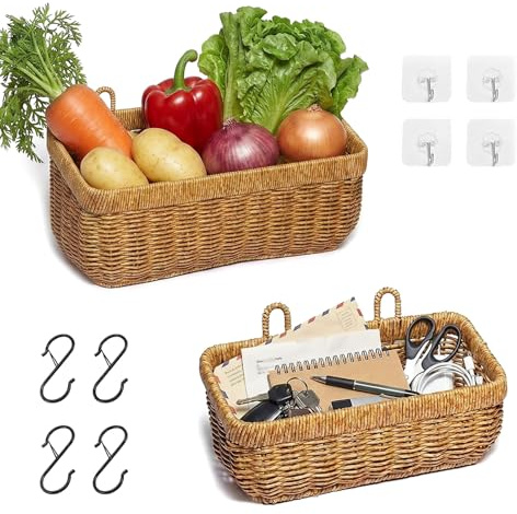 2 PCS Woven Storage Basket, Wall Hanging Storage Baskets, Kitchen Storage with hooks, Handwoven Durable Rattan Storage Basket for Bathroom Vanity Countertop Kitchen Vegetables Garlic Storage-Rectangle