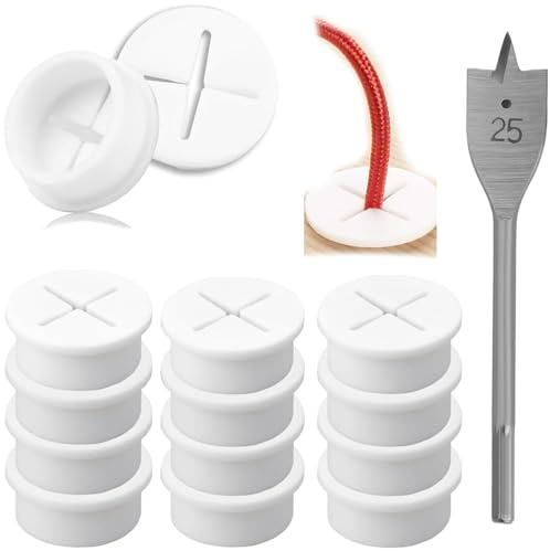 ZIOYANE Desk Cable Grommet Set, 25mm White Silicone Cable Hole Cover with Drill, Tidy Cable Management Solution for Office Computer Desks, Home Workstations & Gaming Tables