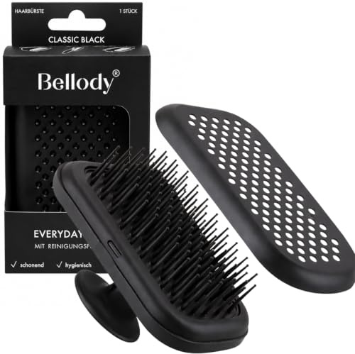 Bellody® Everyday Brush – patenterad rengöringsfunktion – rengöring på några sekunder, hygienisk kamning och massage för hårbotten – fickformat (kompakt borste i svart matt färg)