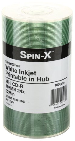 Spin-X 100 24x Mini CD-R Blank Media 22Min 193MB White Inkjet Hub