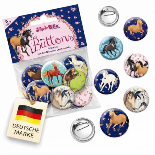 8 Mini-Buttons * Pferde & PONYS * mit Sicherheits-Ansteckernadel für Kinder als Geschenk, Mitgebsel oder Überraschung | Kindergeburtstag Geburtstag Pferdemädchen Ponyhof