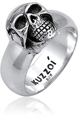 Kuzzoi Totenkopf Herrenring massiv 10 mm breit 925 Silber schwarz | schwarz oxidiert mit Gravur Ring für Männer in der Ringgröße 60 - 66