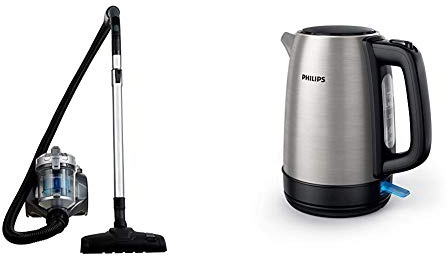 Amazon Basics Aspirateur cylindrique sans sac, 1,5L, 700 W [classe énergétique A] & Philips HD9350 / 90 bouilloire (2200 watts, 1,7 litres, en acier inoxydable)