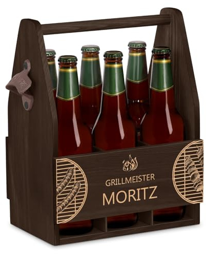 Maverton Bierträger für 6 Flaschen 0,5L mit Gravur - Männerhandtasche mit Flaschenöffner - Größe: 25x17x32cm - aus Holz - Geburtstagsgeschenk - personalisierte Geschenke für Männer