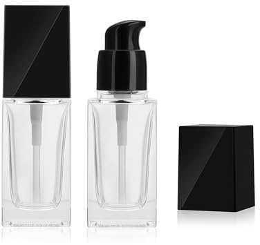 2Pcs 20ml/0.7oz Empty Clear Square Glass Emulsion Essence Pump Bottle With Black Pump Head Cosmetic Foundation Travel Jars Containers Dispenser for Lotion Cleanser Essential Oils