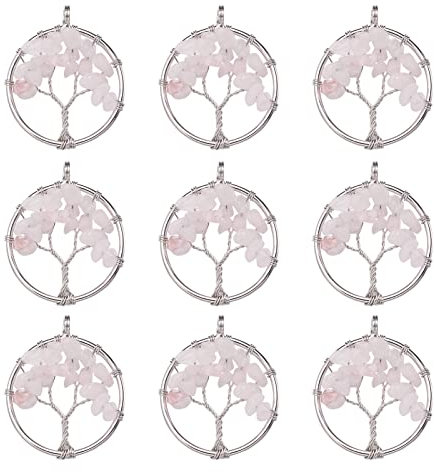 PandaHall Edelstein Chakra Kristall Baum des Lebens Charms Anhänger, Natürlicher Rosenquarz,