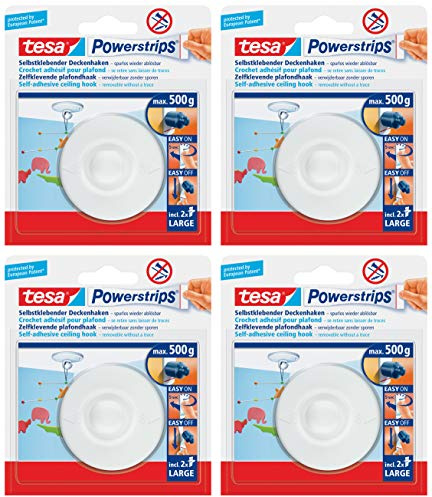 tesa Powerstrips Deckenhaken, selbstklebend, drehbar, weiß, zum Aufhängen von Deckendekoration, Powerstrips, große Haltekapazität bis zu 500 g (4 Deckenhaken)