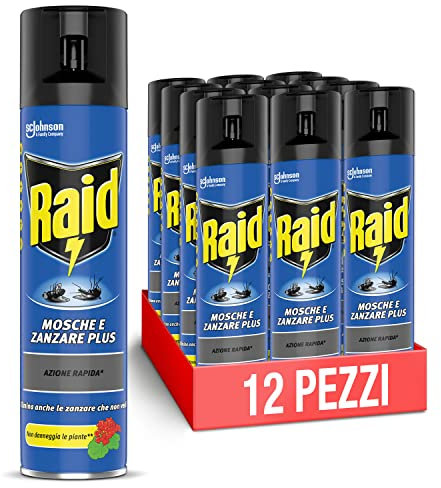 Raid Mosche e Zanzare Spray Insetticida, Antizanzare e Antimosche, Azione Rapida, Confezione da 12 pezzi (12 x 400ml)