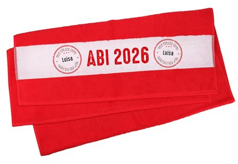 Herz & Heim® Badetuch zum Abi - 70 cm x 140 cm (B/H) - Reif für die Insel - mit Namen Rot
