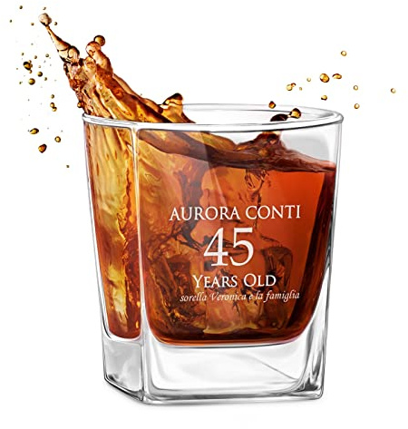 Maverton bicchiere da Whisky - 250 ml in vetro - ottimo per acqua - incisione personalizzata - ideale per bourbon e drink - idea compleanno per donna - bicchiere personalizzato - years old