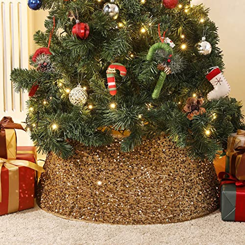 Lewondr Jupe de Sapin de Noël Décorative avec Paillettes - Couvre-Pied Pliable d'Arbre, Décoration Intérieur & Extérieur pour Maison, Salon, Jardin - Or