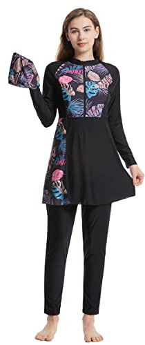 Women Muslim Swimsuit 3 Pieces Islamic Burkini Modest Swimwear Full Cover Rash Guard Long Sleeve Swim Top with Pants Hijab Swimming Costume Tankini Set Summer Beachwear