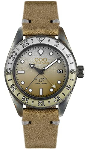 Out of Order MARGARITA GMT automatiskt stål sand vit datum läder safir klocka gammal man, rem