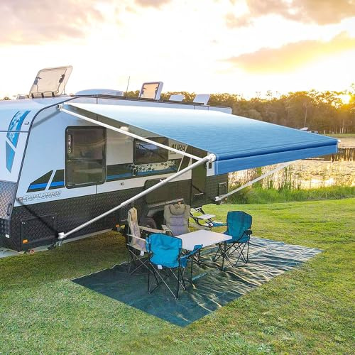 YESCAMP Manual RV Awning Complete Kit Retractable Camper Awning for RV or Trailers RV Roll Out Awning for Camper or 5th Wheel,Travel Trailers,Toy Haulers,Motohome(20Ft,White Frame,Blue Fade)