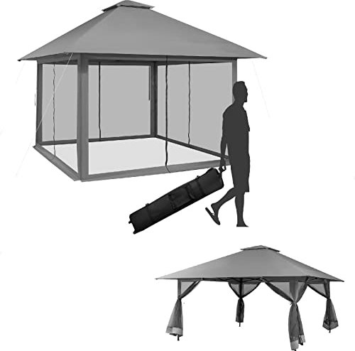 COSTWAY Carpa Plegable 4x4M, 4 mosquiteras con Cremallera y Doble Techo Ventilado, Bolsa de Transporte con Ruedas, Altura Ajustable, Cenador de Jardín, Gazebo Pabellón Plegable (Gris)