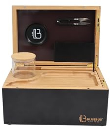 Blue Bus Genesis 3.0 Bamboo Organizer Box with Key Lock, Magnetic Accessory Lid & Full Accessory Set - (10.5 L x 5 W x 7 H) - Black