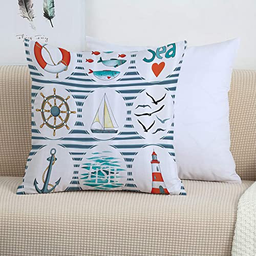 2er-Set Dekorativ Kissenbezug 45x45 cm,Nautische Stall, Sea Set mit Fischen Rettungsring Möwen Le,Polyester Kissenbezüge Dekokissen Kissenhülle Set Kissen Fall für Sofa Auto Schlafzimmer Zuhause Dekor